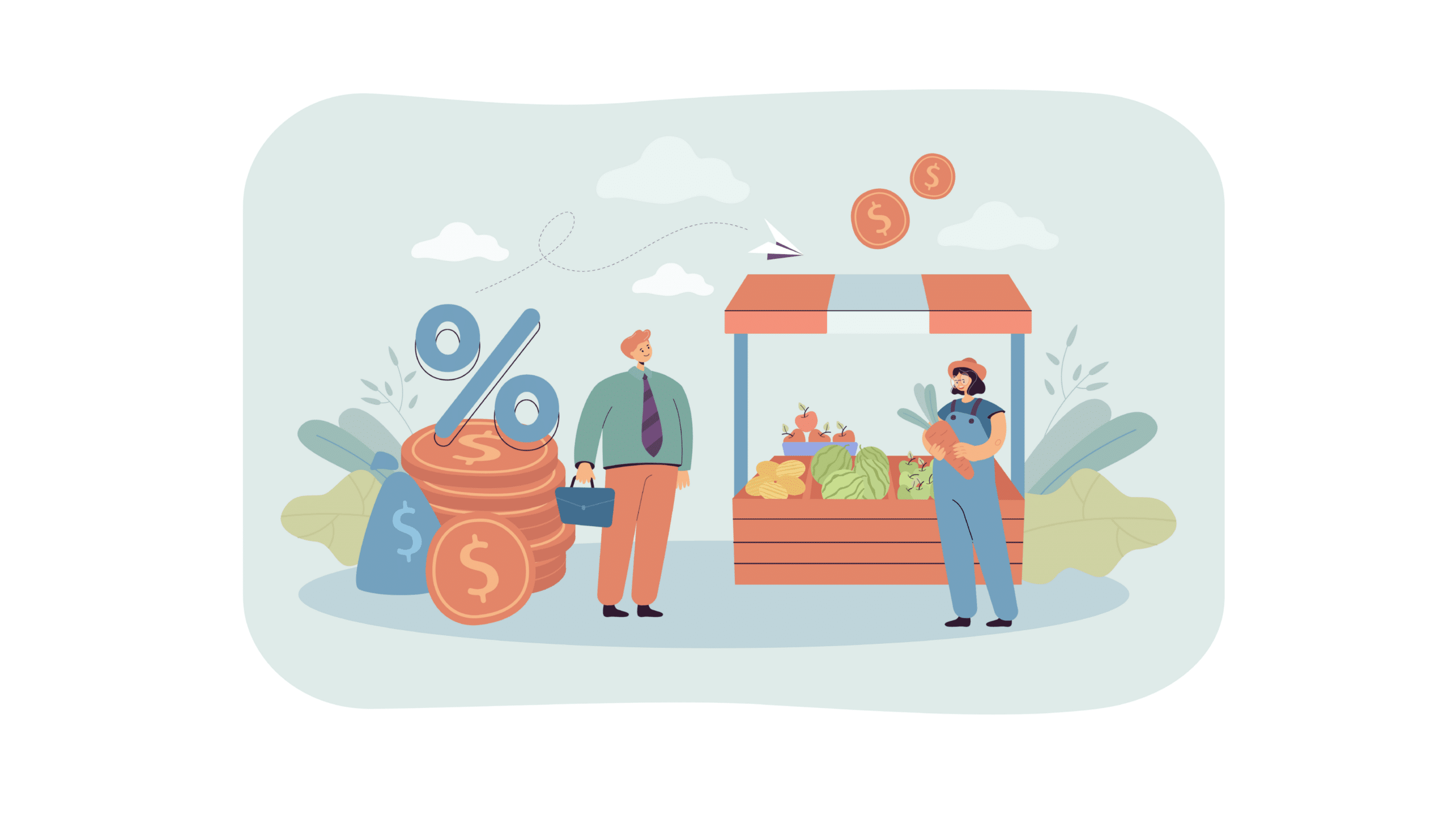Illustration representing agro-processing profits and export opportunities, showing farmers and investors involved in buying food processing units for value-added agricultural products.