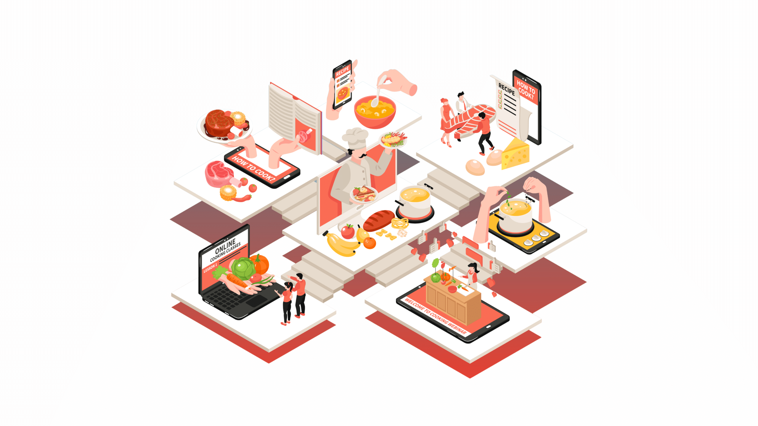 Illustration of cloud kitchen consolidation showing multiple virtual kitchens and digital food operations, representing buying regional food brands to scale nationally.