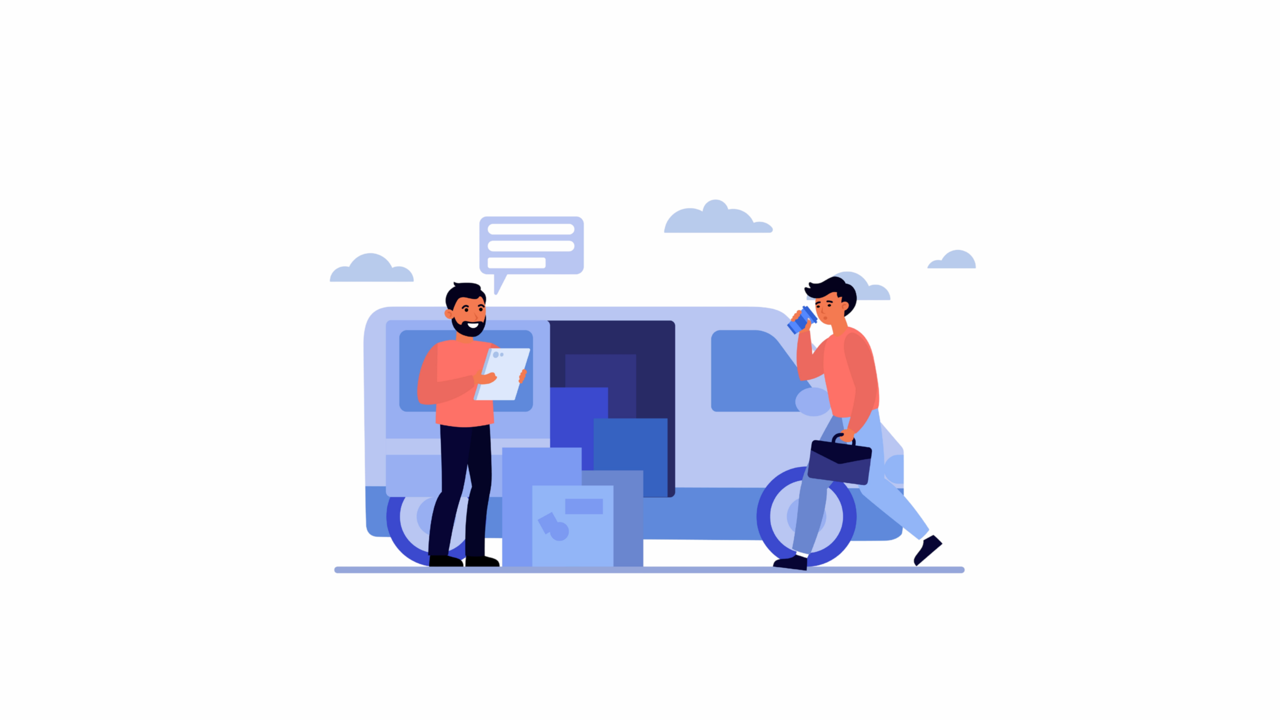 Illustration of last-mile logistics with delivery agents, courier van, and packages representing buying a small courier franchise in India during the ONDC era.