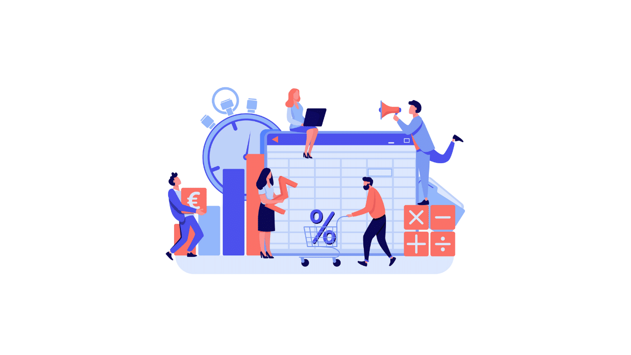Illustration showing business professionals calculating ROI before buying a business, with financial charts, calculator, percentage symbol, and investment planning visuals.