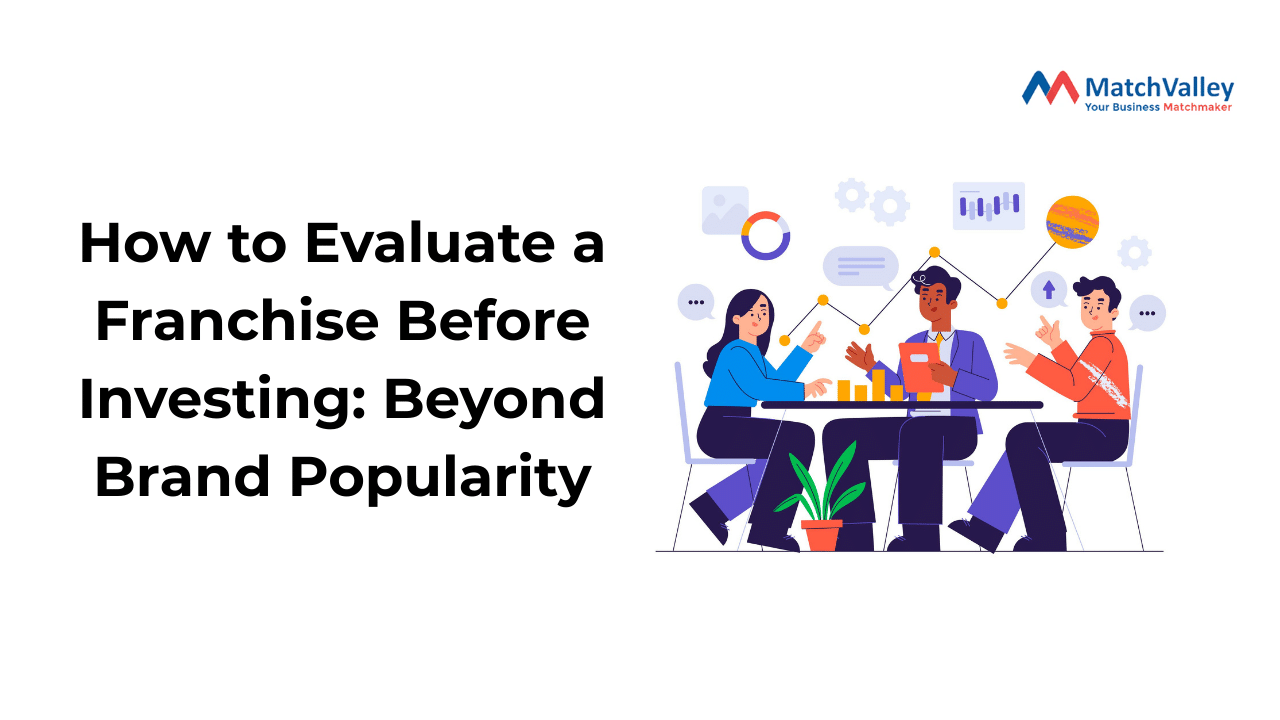 Business meeting illustration showing entrepreneurs discussing charts on how to evaluate a franchise before investing.