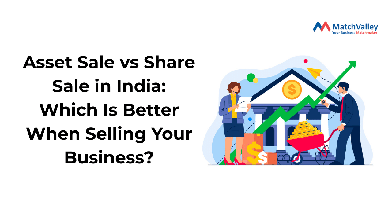 Illustration representing asset sale vs share sale in India when selling a business, featuring business professionals, financial symbols, and growth indicators.