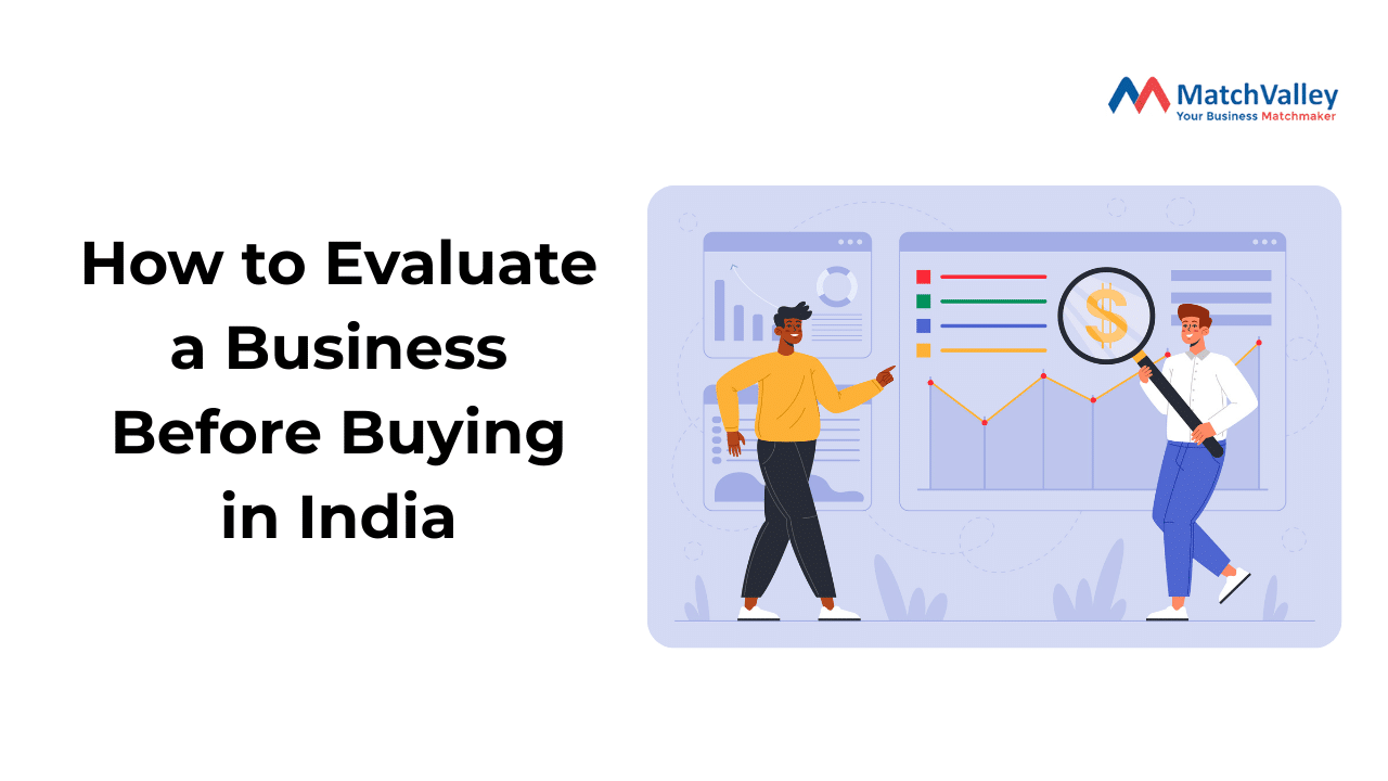 Illustration of two professionals reviewing financial charts and metrics, showing how to evaluate a business before buying and analyzing profitability before acquisition.