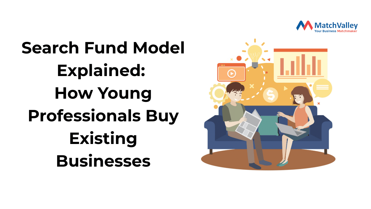 Illustration explaining the search fund model, showing young professionals discussing data and charts while planning to acquire an existing business.
