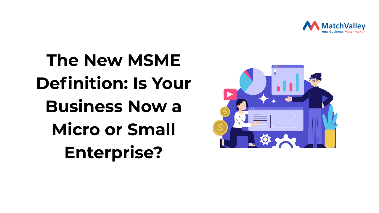 Illustration explaining the new msme definition, showing business analytics, charts, and entrepreneurs evaluating whether their business qualifies as a micro or small enterprise.