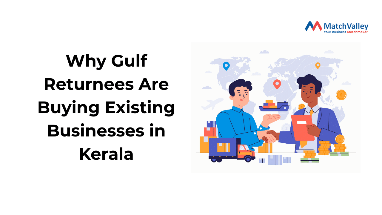 Illustration showing Gulf returnees investing and Buying Existing Businesses in Kerala through business acquisition.